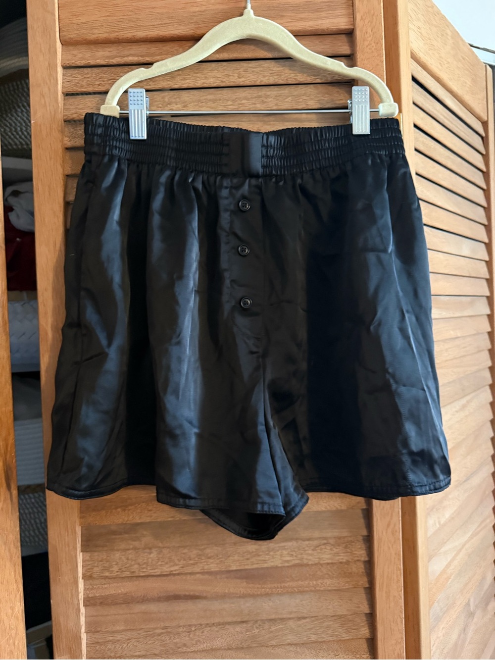 Black Satin Button-Front Shorts